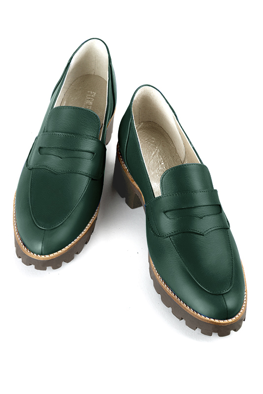Forest green women's casual loafers. Round toe. Low rubber soles. Top view - Florence KOOIJMAN